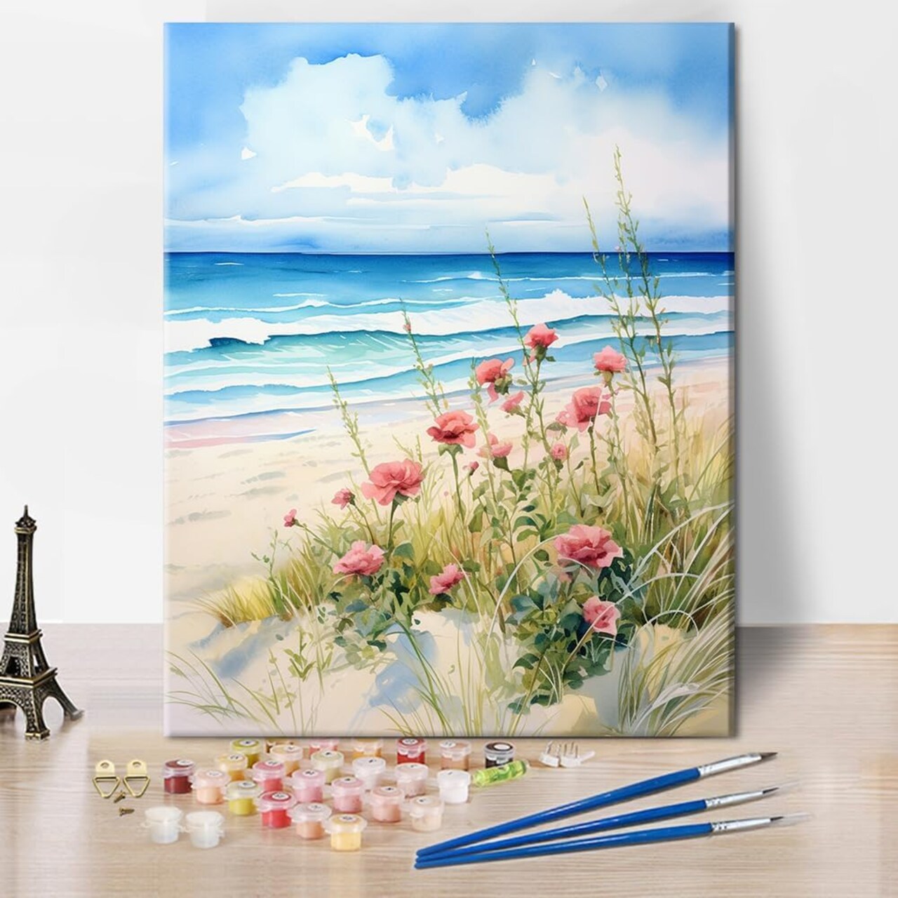 DIY Paint by Numbers for Adults Beach Scene Adult Paint by Number Kits on Canvas Pink Flowers Blue Ocean Painting by Numbers Kit for Adults Vintage Art Crafts 16x20 in